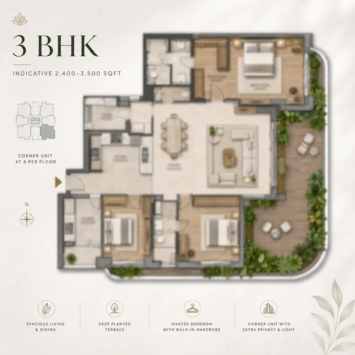 3 BHK indicative floor plan at Total Environment Sarjapur